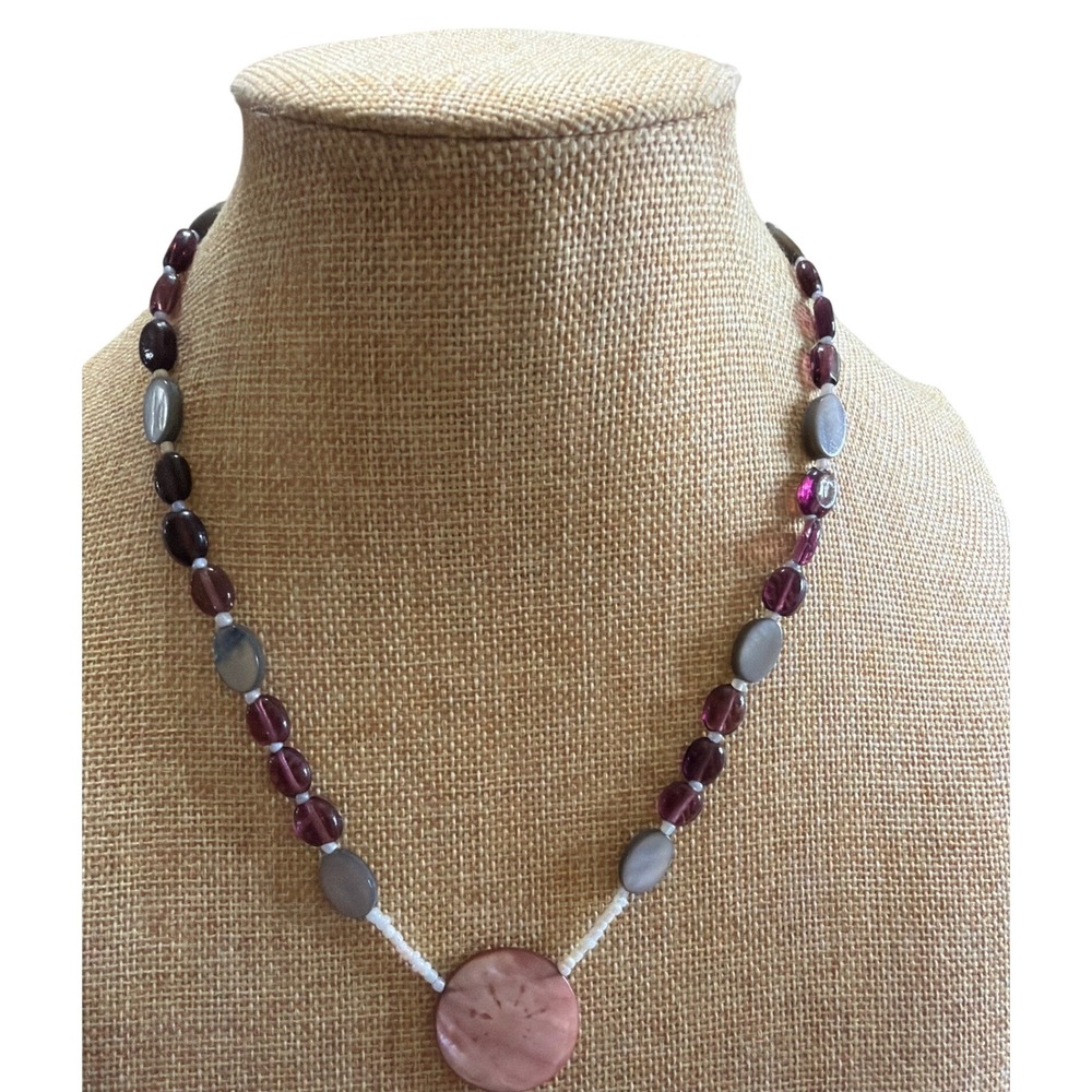 Handmade Beaded Necklace Purple Glass Grey Shell Pink Pendant 17.5 Inch 1431